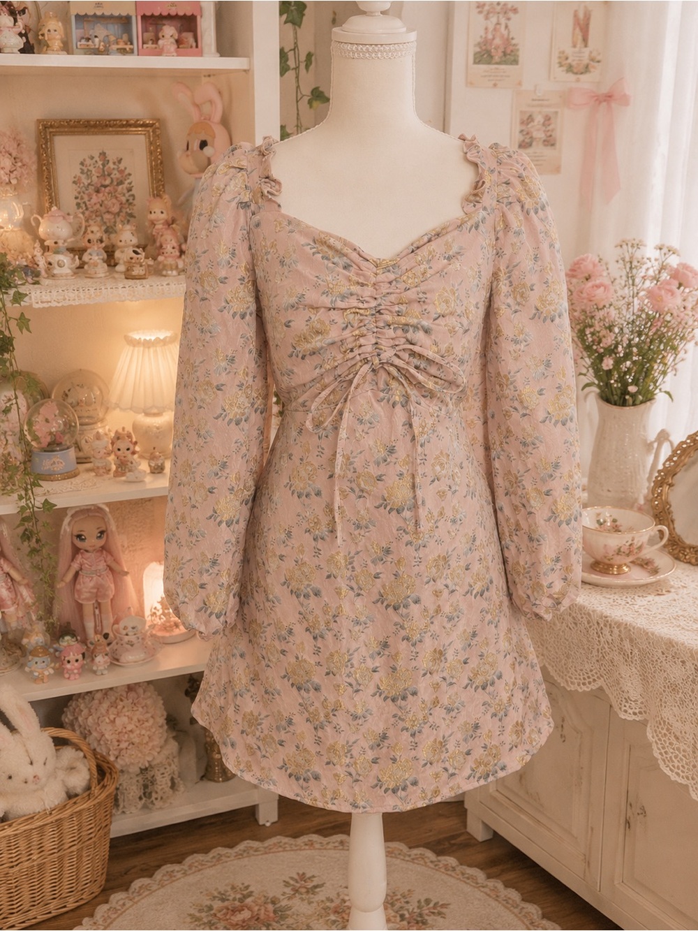 Sister Jane Pink Floral Jacquard Puff Sleeve Mini Dress Size L